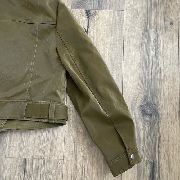 Cinq a Sept Palo Faux Leather Biker Moto Jacket Size Small Olive Green Cropped - Picture 12 of 12
